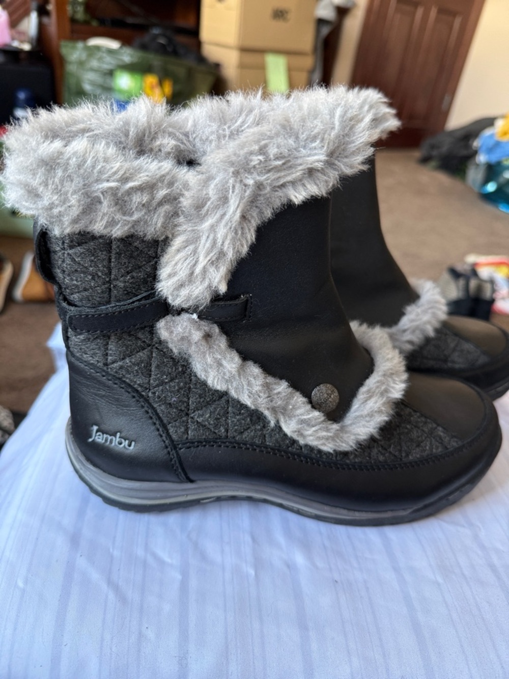 Jambu Black Quilted Boots with Light Gray Faux Fur Trim